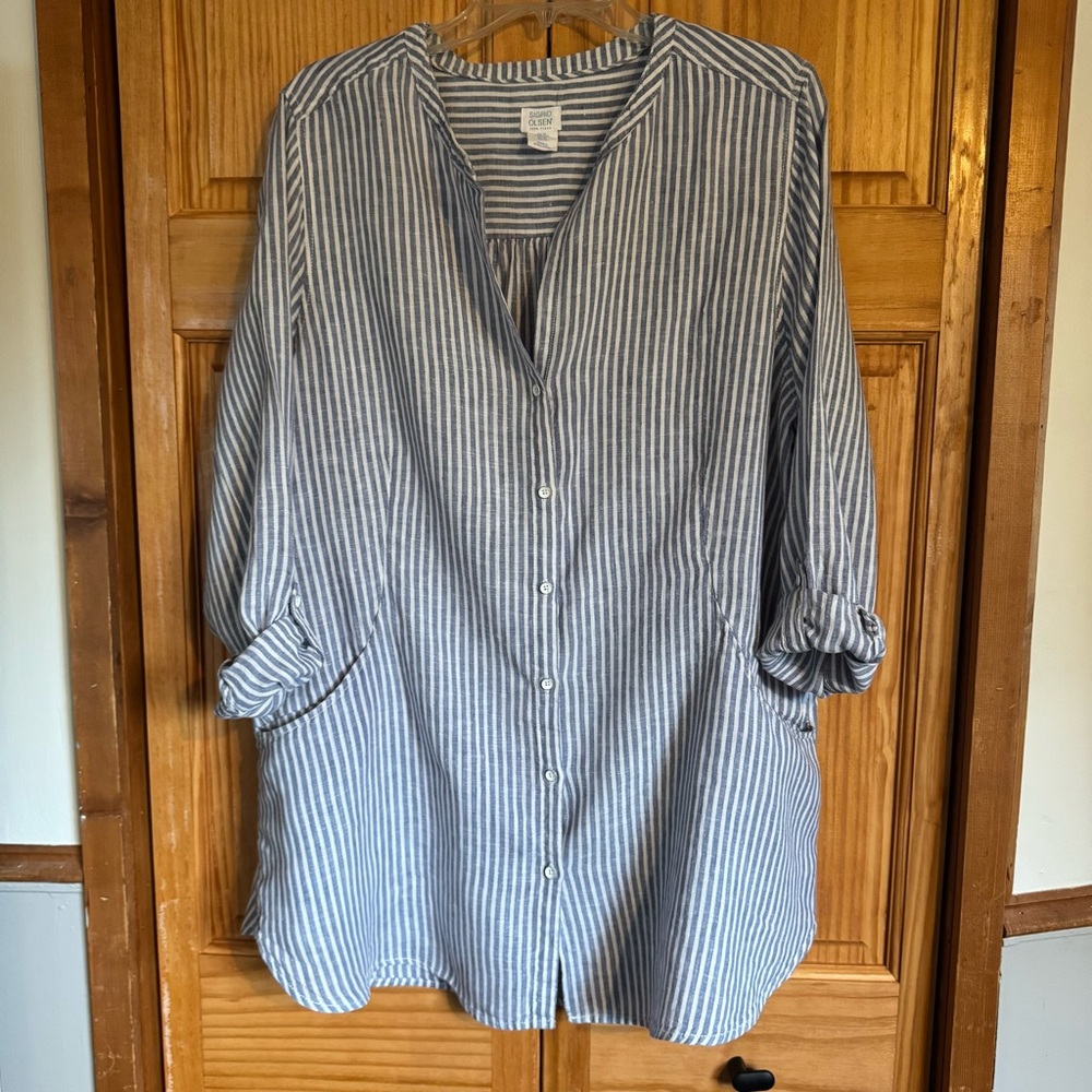 Sigrid Olsen Navy and White Striped Linen Shirt